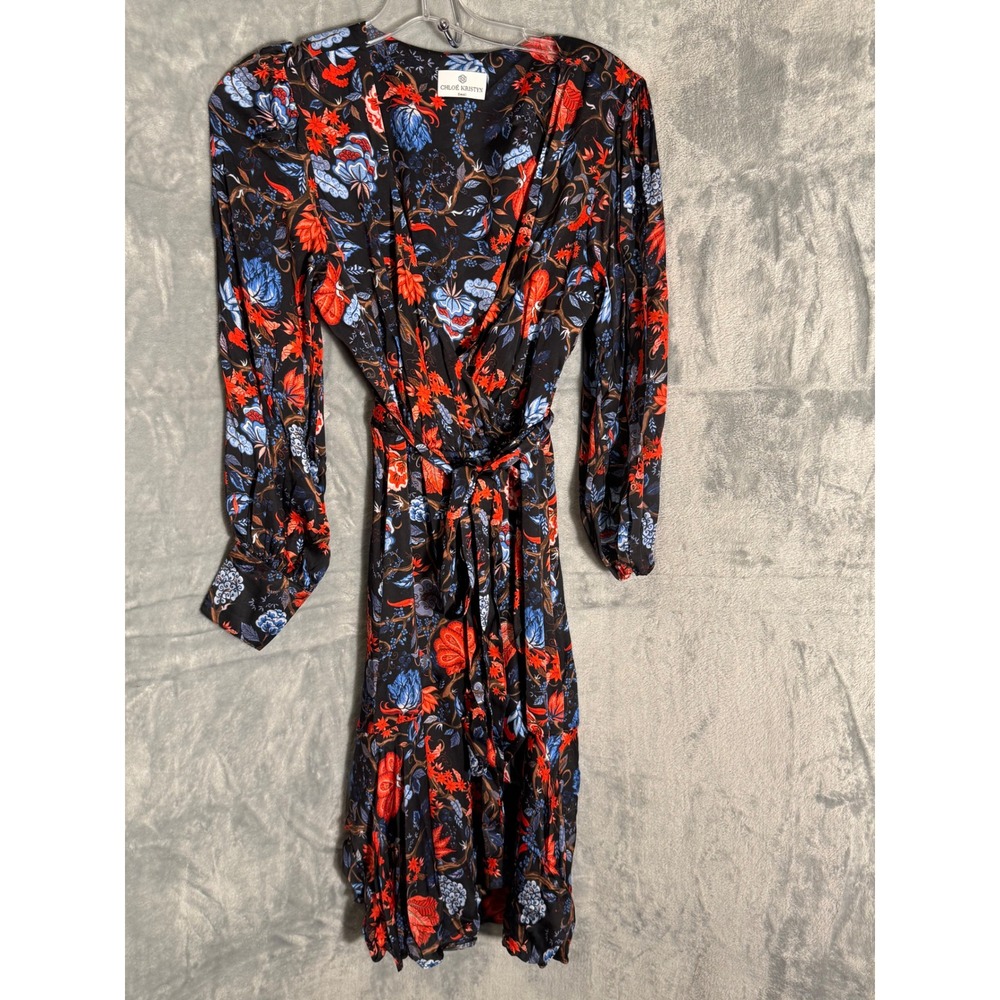 Chloe Kristyn Floral faux wrap Dress Long Sleeve Midi Red Blue Black Small